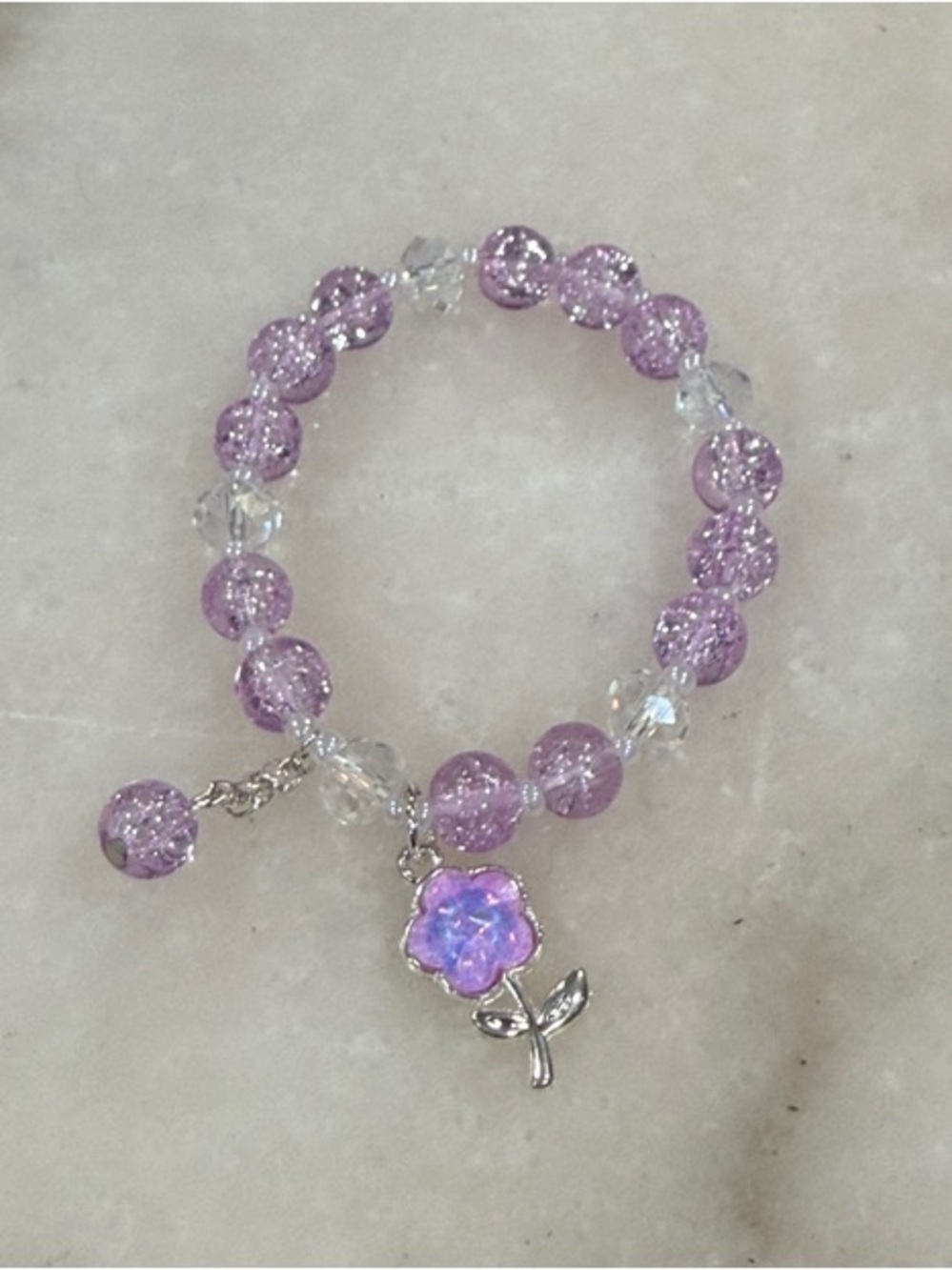 Lilac Beaded Flower Charm Bracelet Handmade Stretch Stackable Jewelry